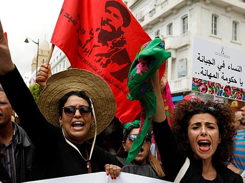 Demonstrators shout slogans during a May Day rally in Tunis, Tunisia May 1, 2019. 