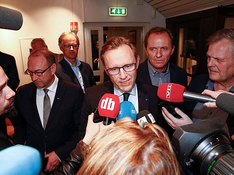 Scandinavian Airlines (SAS) CFO, Torbjorn Wist, talks to the press after the parties in the SAS pilot strike have come to an agreement, in Oslo, Norway May 2, 2019.