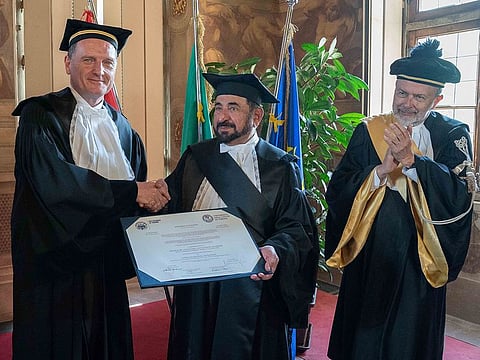 Dr Shaikh Sultan Bin Muhammad Al Qasimi receives the first joint Honorary Doctorate in Urban and Regional Development, from the University of Turin and Polytechnic University of Turin, in Italy on Friday.