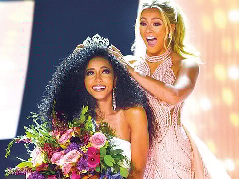 Miss North Carolina Cheslie Kryst gets crowned by last year's winner Sarah Rose Summers after winning the 2019 Miss USA final competition in the Grand Theatre in the Grand Sierra Resort in Reno, Neveda. 