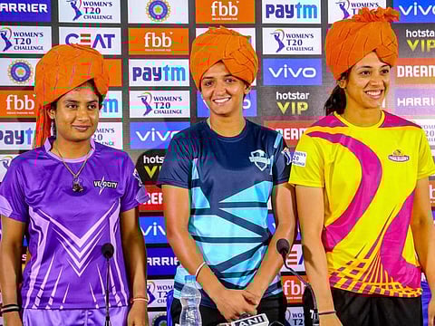 Velocity team captain Mithali Raj , Supernovas team captain Harmanpreet Kaur and Trailblazers team captain Smriti Mandhana address media personnel, ahead of the Women T20 Challenge matches, in Jaipur, Saturday, May 4, 2019.