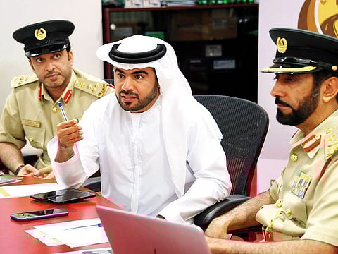 Maj Gen Mohammad Saif Al Zafein (right) with Ahmad Al Hajiri (centre) at the launch of the ‘Accident Free Ramadan’ campaign in Jaddaf
