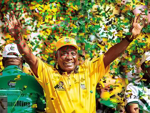 African National Congress leader and South Africa’s President Cyril Ramaphosa at an election rally in Ellis Park stadium, Johannesburg, on Sunday. 