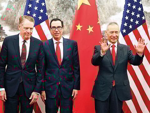 Chinese Vice Premier Liu He (right), US Treasury Secretary Steven Mnuchin (center) with his Trade Representative Robert Lighthizer before a meeting in Beijing last week.