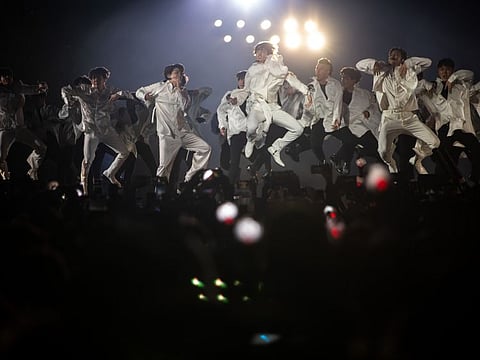 Seven member South Korean K-pop boy band BTS performs on stage at The Rose Bowl on Saturday, May 4, 2019 in Pasadena, California.