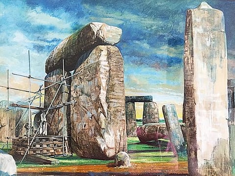 Archaeological excavations take place in Stonehenge, Britain 1958, in this handout watercolour image obtained May 7, 2019 by English Heritage.