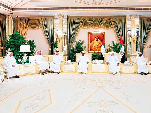 President His Highness Shaikh Khalifa Bin Zayed Al Nahyan yesterday received at his Al Bateen Palace Their Highnesses the Supreme Council Members and Rulers of the Emirates, Crown Princes and Deputy Rulers and exchanged with them Ramadan greetings