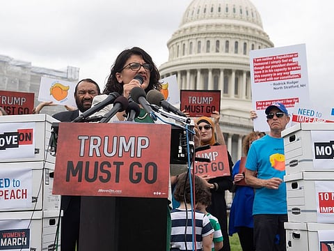 US Representative Rashida Tlaib, Democrat of Michigan, speaks during during a press conference after receiving a computer flash drive from activist at the US Capitol in Washington, DC.