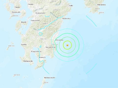 The quake struck at 8.48am local time (3.48am UAE), with its epicentre off the coast of Miyazaki prefecture 