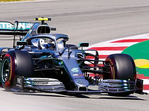 Mercedes driver Valtteri Bottas of Finland powers to the fastest lap during the first free practice at the Barcelona Catalunya racetrack in Montmelo yesterday.