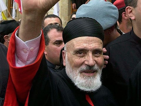 Cardinal Nasrallah Butros Sfeir, head for Lebanon's Maronite church, waves during a visit to the Chouf Mountains