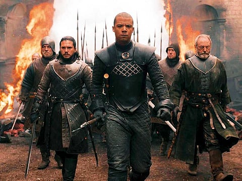 Kit Harington (Jon SNow), Jacob Anderson (Grey Worm) and Liam Cunningham (Davos Seaworth).