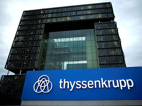 A logo of ThyssenKrupp AG is pictured outside the ThyssenKrupp headquarters in Essen.