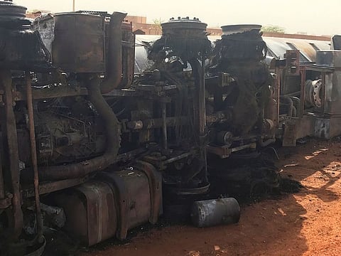 A burnt fuel tanker is pictured after an explosion on the highway linking Niger's Diori Hamani international airport to the capital Niamey, Niger May 6, 2019. 