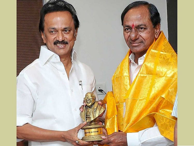 DMK Leader MK Stalin greets Telangana Chief Minister K. Chandrashekar Rao