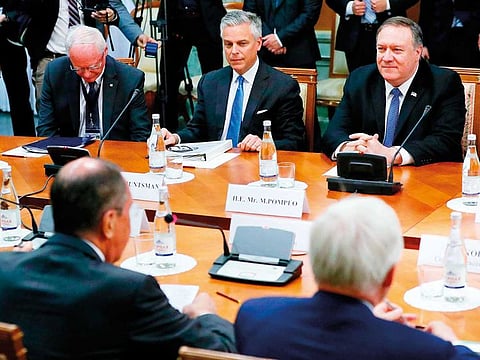 US Secretary of State Mike Pompeo, accompanied by US Ambassador to Russia Jon Huntsman Jr, attends a meeting with Russian Foreign Minister Sergei Lavrov in Sochi on May 14, 2019. 