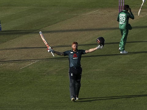 England's Jonny Bairstow reaches his century during the One Day International against Pakistan at the Bristol County Ground, on Tuesday. 
