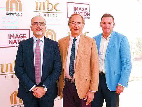 Acting CEO of Majid Al Futtaim Ventures, Khaled Al Chidiac, CEO of Image Nation Abu Dhabi, Michael Garin, and Managing Director of MBC Studios, Peter Smith, at Cannes Film Festival.