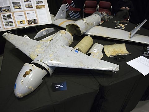 In this Dec. 14, 2017 file photo, the remains of an Iranian Qasef-1 Unmanned Aerial Vehicle is seen during a press briefing at Joint Base Anacostia-Bolling in Washington. 