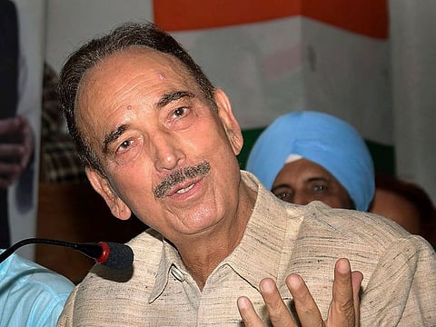 Senior Congress leader Ghulam Nabi Azad addresses a press conference at Sadaqat Ashram, in Patna.