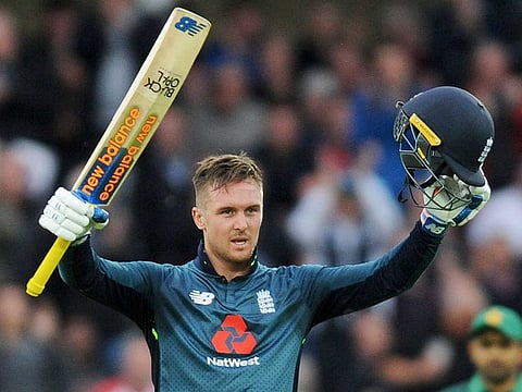 England's Jason Roy celebrates scoring a century during the Fourth One Day International cricket match between England and Pakistan at Trent Bridge in Nottingham, England, on Friday, May 17, 2019. 