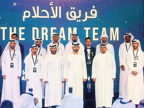 Shaikh Mansour Bin Mohammad Bin Rashid Al Maktoum with the winners during the AGL awards. Sharjah won the Best Coach, Best Player and Best Goalkeeper awards.