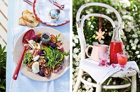Left: Grilled plum, mozzarella and rocket salad.
Right: Strawberry fizz.