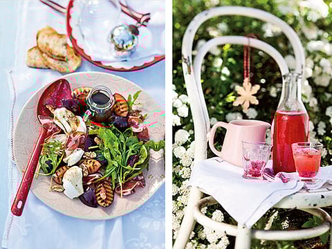 Left: Grilled plum, mozzarella and rocket salad.
Right: Strawberry fizz.