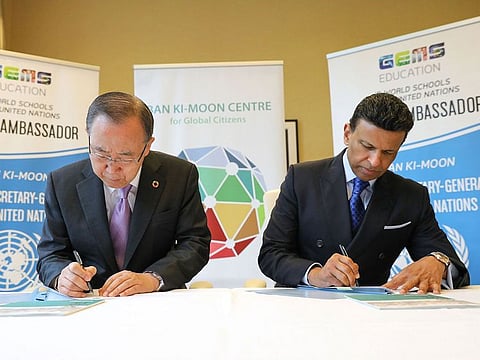 Ban Ki-moon and Sunny Varkey seen during the signing ceremony. 