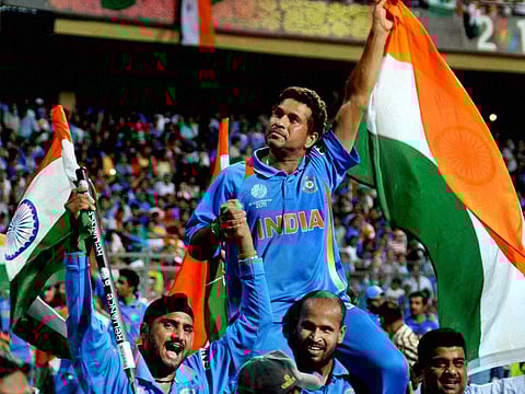 Sachin Tendulkar being chaired by Indian teammates on winning the 2011 ICC World Cup.