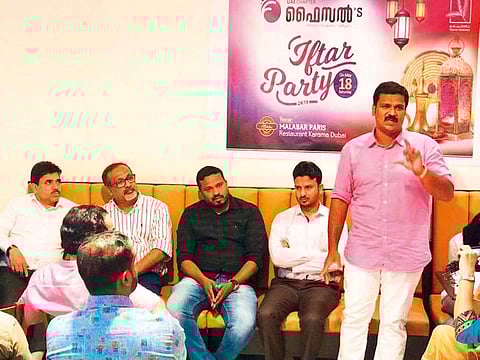 Faisal Tahani speaks at the Faisals’ Iftar Party, in the presence of Faisal A.K (left) P.P. Sasindran, Faisal Kannoth and Faisal Beeran, in Dubai last Saturday.