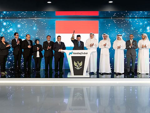 The bell rings at Nasdaq Dubai for the listing of two Green Sukuks issued by the Indonesian government with a total value of $2 billion. Pictured here is Husin Bagis, Indonesia's Ambassador to the UAE, and Ridwan Hassan, Consul-General of Indonesia in Dubai, along with senior officials. 