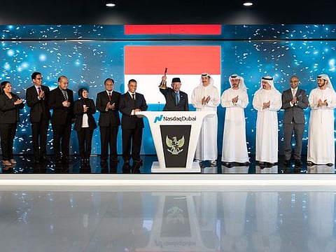 The bell rings at Nasdaq Dubai for the listing of two Green Sukuks issued by the Indonesian government with a total value of $2 billion. Pictured here is Husin Bagis, Indonesia's Ambassador to the UAE, and Ridwan Hassan, Consul-General of Indonesia in Dubai, along with senior officials. 