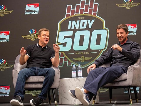 Honorary co-starters of the Indy 500 Matt Damon and Christian Bale speak at the Indianapolis Motor Speedway on May 25, 2019 in Indianapolis, Indiana, ahead of the 103rd running of the Indianapolis 500.  / AFP / Kerem Yucel