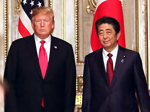 U.S. President Donald Trump meets with Japanese Prime Minister Shinzo Abe prior to their working luncheon at the Akasaka guesthouse in Tokyo