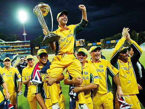 Australian captain Ricky Ponting is carried on the shoulders of his teammates with the trophy after their victory in the Cricket World Cup Final at the Wanderers Stadium, Johannesburg, South Africa, Sunday March 23, 2003.