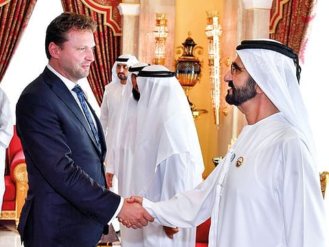 His Highness Shaikh Mohammad Bin Rashid Al Maktoum, Vice President and Prime Minister of the UAE and Ruler of Dubai greets Radek Vondracek, Speaker of the Chamber of Deputies of the Czech Parliament during his visit to the UAE last year