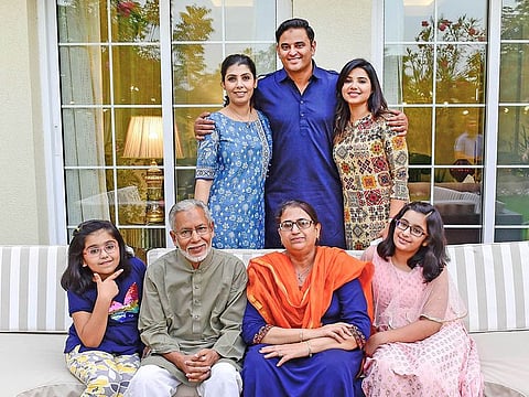 Atif Rahman with wife Aaliya, sister in law Sushmita Narayan, father Mohammed Khurshid Equbal, mother Roksana and daughters Ammara and Anabia before the Iftar.