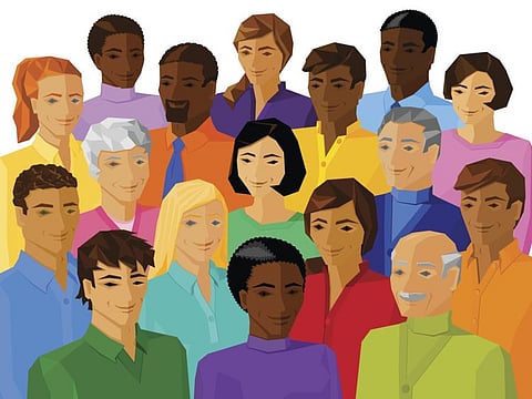 illustration of multiple adults of various ages and ethnic/racial diversity smiling in a group.
