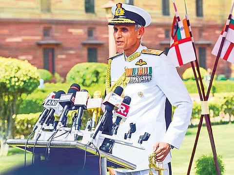 Admiral Karambir Singh addresses the media after inspecting the Guard of Honour, before taking charge as India's new Chief of Naval Staff, at South Block in New Delhi, on Friday, May 31, 2019.  