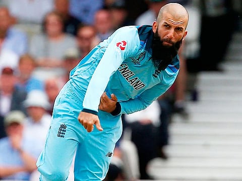 England's Moeen Ali delivers a ball during the 2019 Cricket World Cup group stage match between England and South Africa at The Oval in London on May 30, 2019.