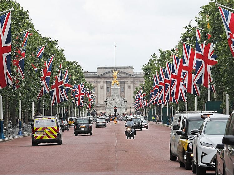 United Kingdom flags fly at Pall Mall