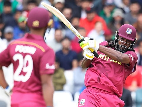 West Indies' Chris Gayle plays a shot against Pakistan during a Cricket World Cup match at Trent Bridge cricket ground in Nottingham, England, on Friday, May 31, 2019. 