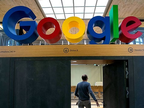 A Google LLC logo stands in the auditorium inside the tech giant's office in Berlin, Germany.
