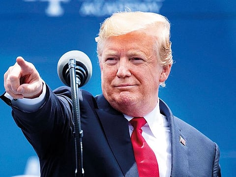 US President Donald Trump points as he addresses the 2019 graduation ceremony at the United States Air Force Academy May 30, 2019, in Colorado Springs, Colorado.