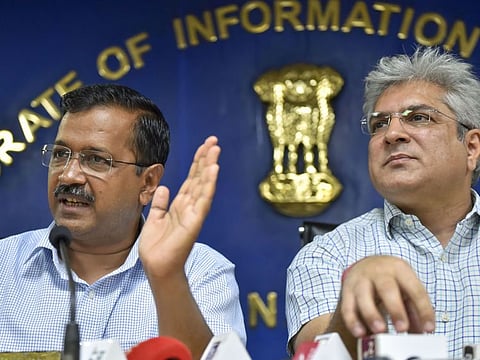 New Delhi: Delhi Chief Minister Arvind Kejriwal speaks as Delhi Transport Minister Kailash Gahlot looks on, during a press conference at Delhi Secretariat, in New Delhi, Monday, June 3, 2019. (PTI Photo/Ravi Choudhary)(PTI6_3_2019_000059B)
