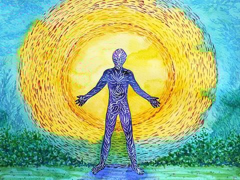 Human and higher power, abstract watercolor painting, 7 chakra yoga reiki