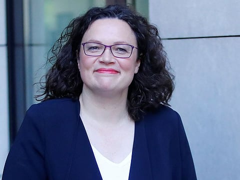 Andrea Nahles, leader of Germany's Social Democratic Party (SPD), reacts at the party's headquarters in Berlin, Germany, June 3, 2019.
