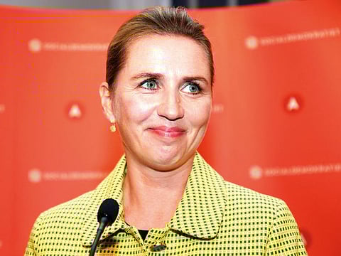 Social Democratic leader Mette Frederiksen delivers a speech in Copenhagen, Denmark.