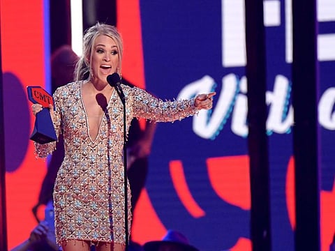 Carrie Underwood accepts an award onstage at the 2019 CMT Music Awards at Bridgestone Arena in Nashville, Tennessee.